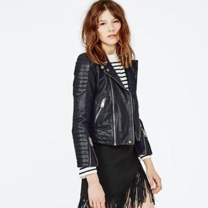 Maje Biche Lamb Leather Quilted Biker Jacket